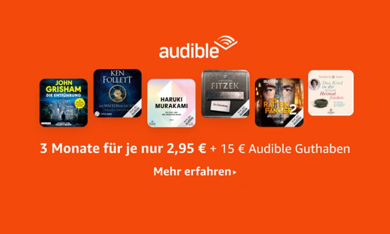 Logo von Amazon Audible mit der Rabattaktion und mehreren Hörbuch-Bestsellern | © Amazon