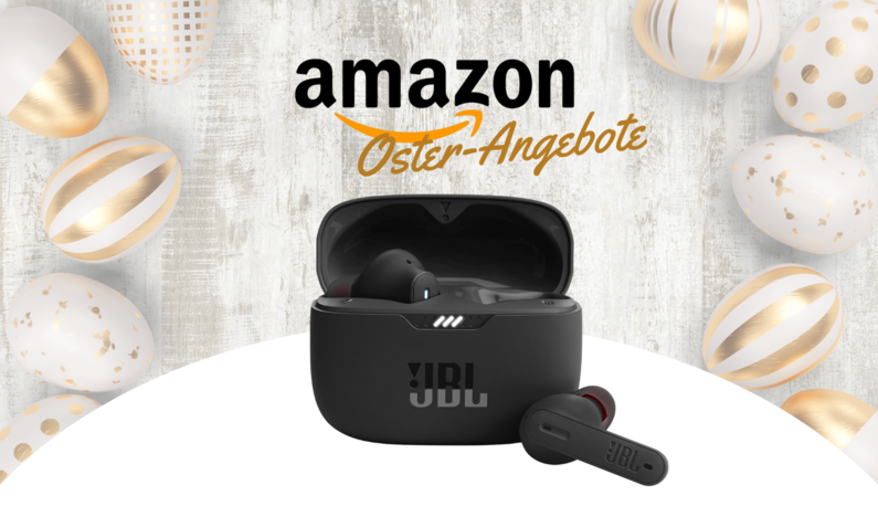JBL In-Ear-Kopfhörer in Schwarz mit Lade-Etui vor österlichem Amazon-Hintergrund | © Amazon