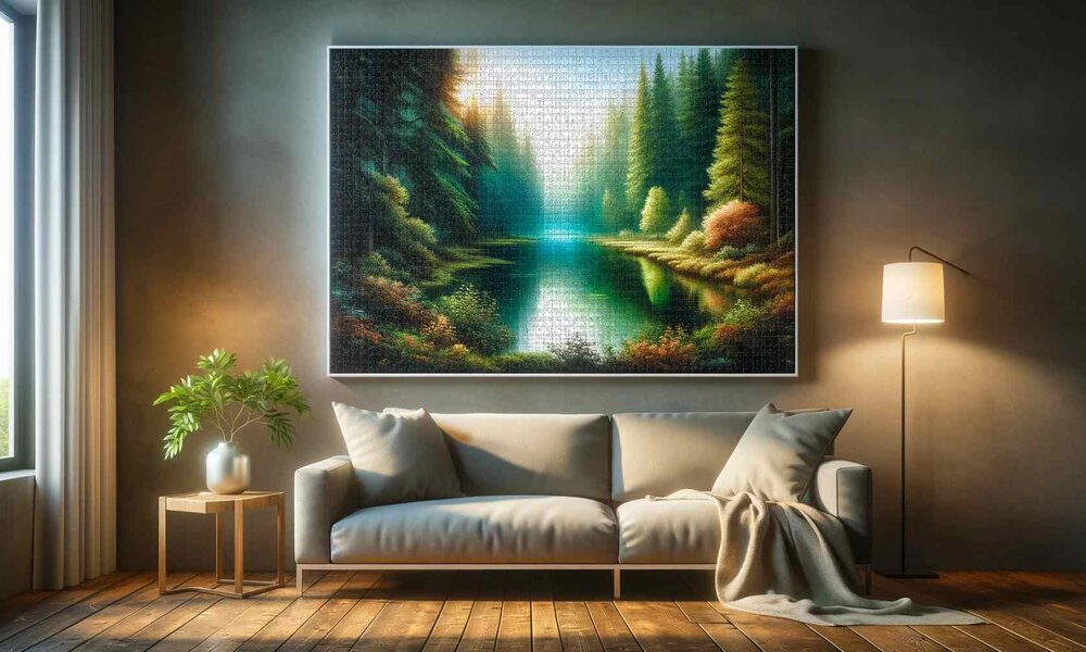 Puzzle hängt über einem Sofa an der Wand | © Sabrina Forst /KI generiert