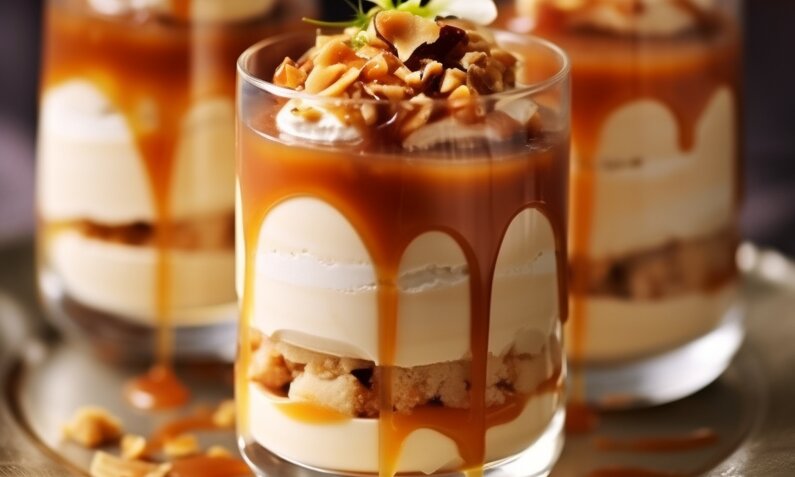 Dessertcreme in Glas bestehend aus Karamell, Creme und Mandelkrokant. | © Adobe Stock / Iva