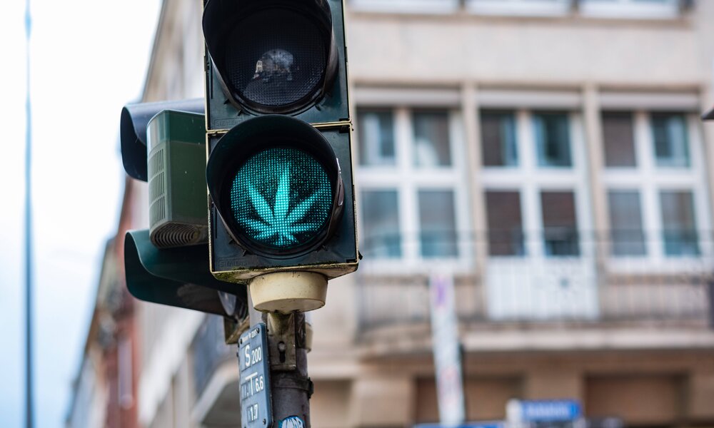 Grüne Ampel mit Cannabis-Blatt | © IMAGO / Robert Poorten