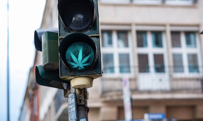 Grüne Ampel mit Cannabis-Blatt | © IMAGO / Robert Poorten