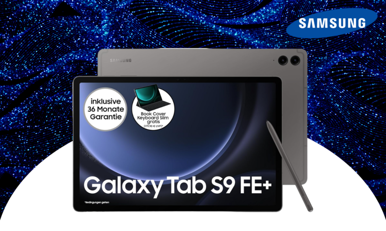 Samsung Galaxy Tag S9 FE+ mit S-Pen und dem Samsung-Logo | © Amazon
