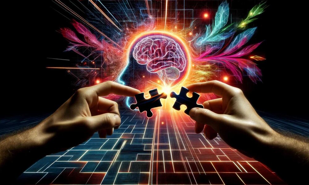 Symbolbild: Zwei Hände mit Puzzleteilen – Im Hintergrund ein Kopf | © Sabrina Forst / KI generiert