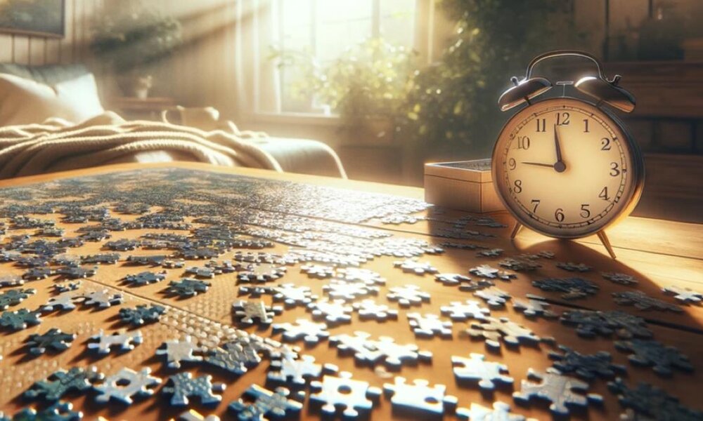 Gemütliches Ambiente mit Puzzle im Sonnenlicht, altertümlicher Wecker markiert Zeit.  | © Sabrina Forst / KI generiert