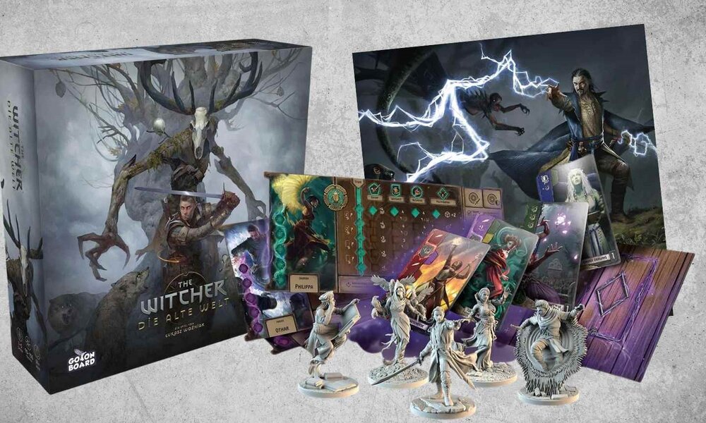 Fantasy-Spielmaterial von 'The Witcher' mit Figuren, Karten und lebhaften Blitzeffekten | © Go On Board /Amazon