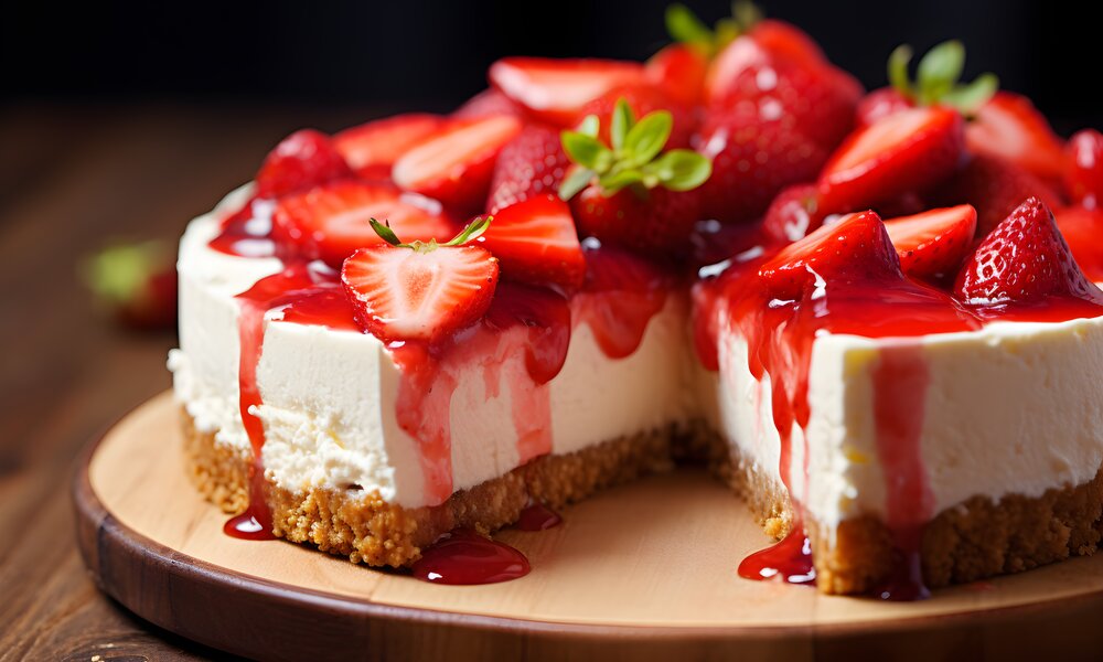 Käsekuchen drapiert mit frischen Erdbeeren und etwas Erdbeerpüree. Garniert mit frischer Minze, Kuchen in der Nahaufnahme auf Holzuntergrund. | © Adobe Stock / sam
