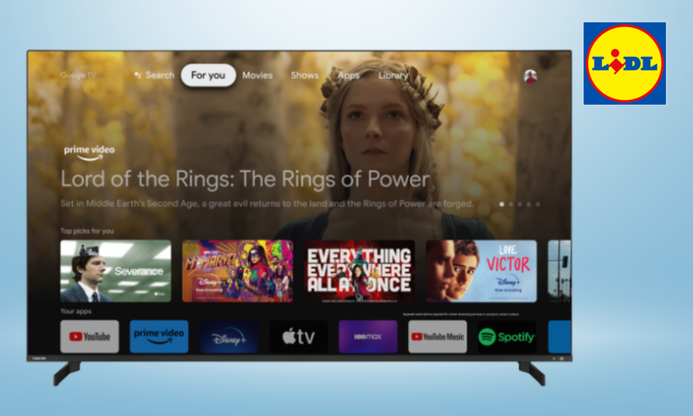 TOSHIBA 65QG5E63DGL 65 Zoll Smart TV, darauf diverse Apps und das Logo von "Der Herr der Ringe: Die Ringe der Macht" | © Toshiba/Lidl