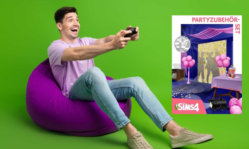 Lachender Gamer in Jeans und T-Shirt freut sich beim Zocken, grüne Wand im Hintergrund. | © Electronic Arts / Maxis + deagreez/stock.adobe.com