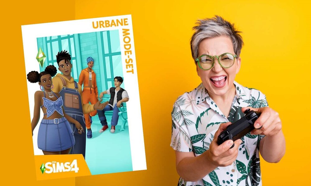 Frau mit kurzen grauen Haaren spielt lachend mit Controller vor gelbem Hintergrund. | © Electronic Arts / Maxis + deagreez /stock.adobe.com