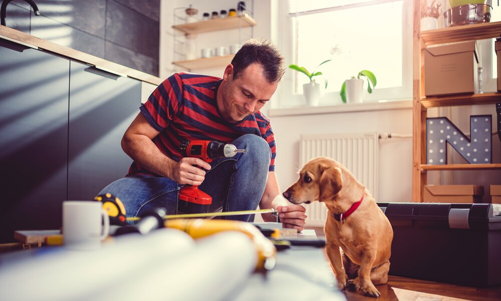 Ein Mann hat eine Bohrmaschine in der Hand, neben ihm sitzt ein Hund | © Getty Images/Kerkez
