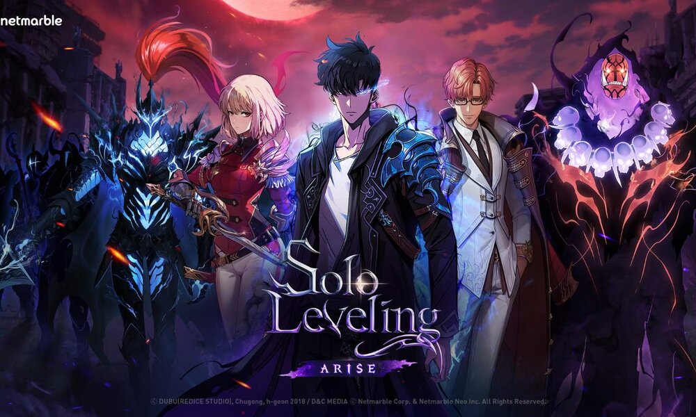 Farbenprächtige Anime-Grafik: Kämpfertrio vor bedrohlichem Dämon. | © Netmarble