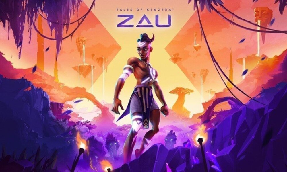Held vor exotischer Landschaft im Sonnenuntergang, Titel "Tales of Kenzera: ZAU". | © EA Originals / Surgent Studios