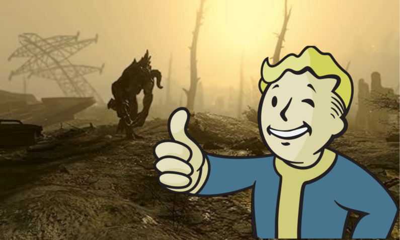 Postapokalyptische Szene aus „Fallout 4“ mit dem Pip-Boy, dem lächelndem Cartoon-Mann, der den Daumen hoch zeigt, vor verwüsteter Landschaft. | © Amazon/Bethesda