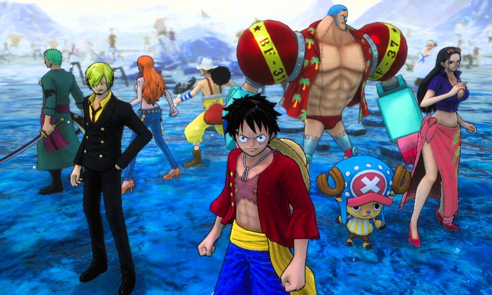 Junger Mann in rotem Hemd und gelber Hose steht vorne, im Hintergrund bunte Gruppe im Wasser. | © Bandai Namco 