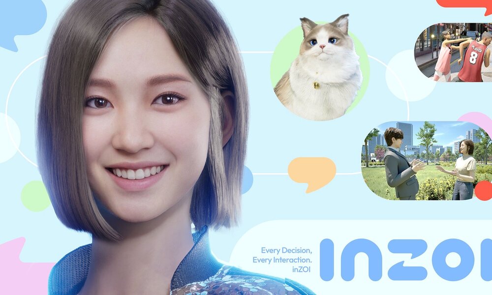 Junge Frau mit strahlendem Lächeln und grauem Top, umgeben von Grafiken mit Katze und interaktiven Stadtszenen. | © KRAFTON