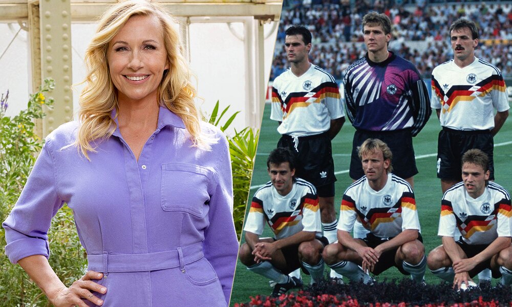 Andrea Kiewel  begrüßt im ZDF-Fernsehgarten zwei Fußballweltmeister von 1990 | © ZDF / Imago