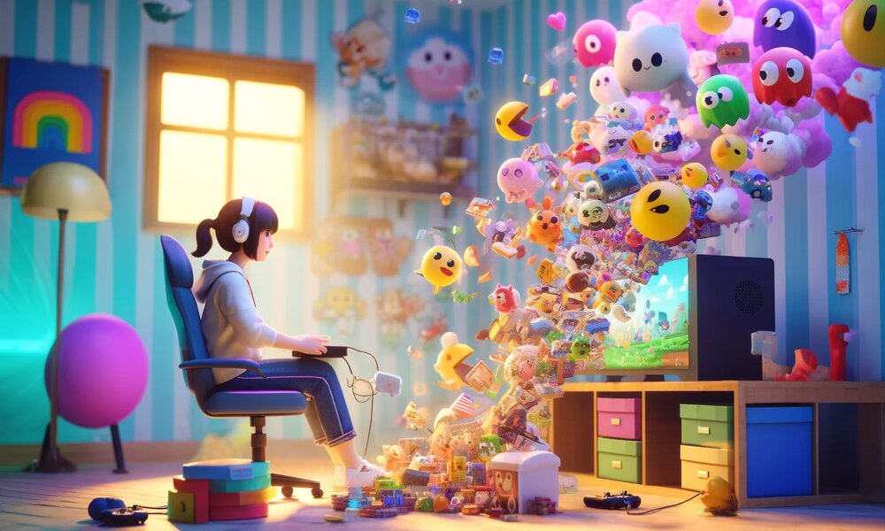 Eine junge Frau mit Kopfhörern spielt in einem hellen Zimmer ein buntes Videospiel, umgeben von süßen Plüschtieren und Spielzeugen. | © Sabrina Forst / KI generiert