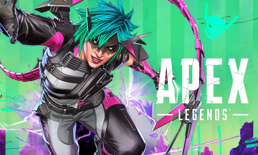 Futuristische Kämpferin mit türkisfarbenem Haar und violettem Schwert stürmt vor einem grünen Hintergrund vorwärts. | © Electronic Arts / Respawn Entertainment