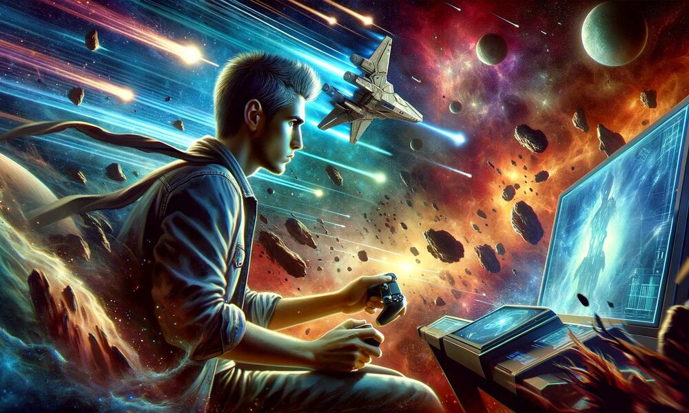Ein junger Mann mit dunklem Haar spielt konzentriert ein Weltraumspiel auf einer Konsole, umgeben von einem farbenfrohen Universum mit Asteroiden und Planeten. | © Sabrina Forst / KI generiert