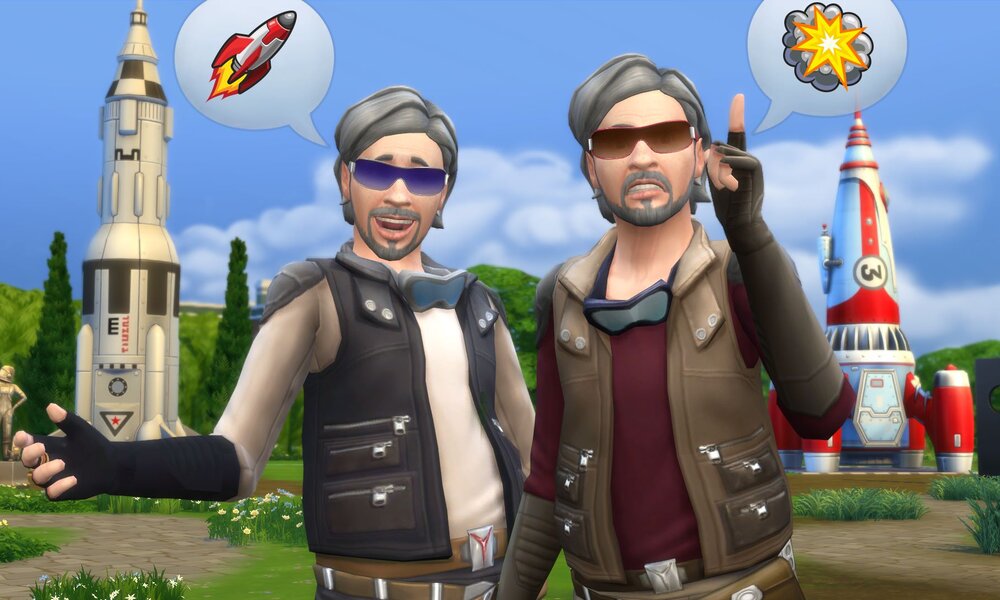 Zwei grauhaarige Männer in futuristischen Westen und Sonnenbrillen stehen vor Raketen und unterhalten sich angeregt. | © Electronic Arts / Maxis