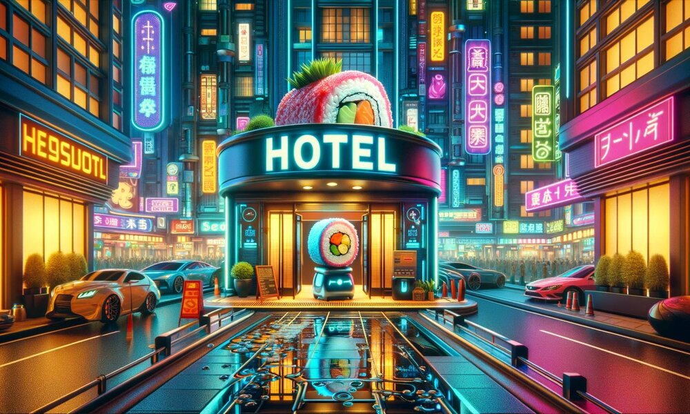 Bunte Neonlichter beleuchten eine belebte Stadtstraße mit einem Hotel, dessen Eingang von einer riesigen Sushi-Rolle verziert ist. | © Sabrina Forst / KI generiert