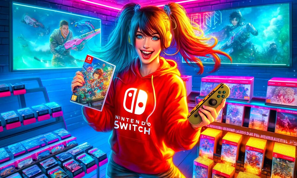 Junge Frau mit zweifarbigem Haar und roten Kapuzenpullover präsentiert Nintendo-Spiel und Controller in einem neonbeleuchteten Spieleladen. | © Sabrina Forst /KI generiert