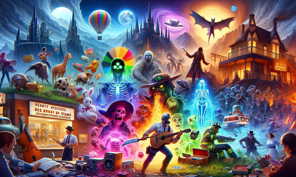 Buntes Fantasy-Szenario mit Skeletten, Tieren und Menschen vor einer gotischen Burg, fliegendem Ballon und leuchtenden Kreaturen. | © Sabrina Forst / KI generiert
