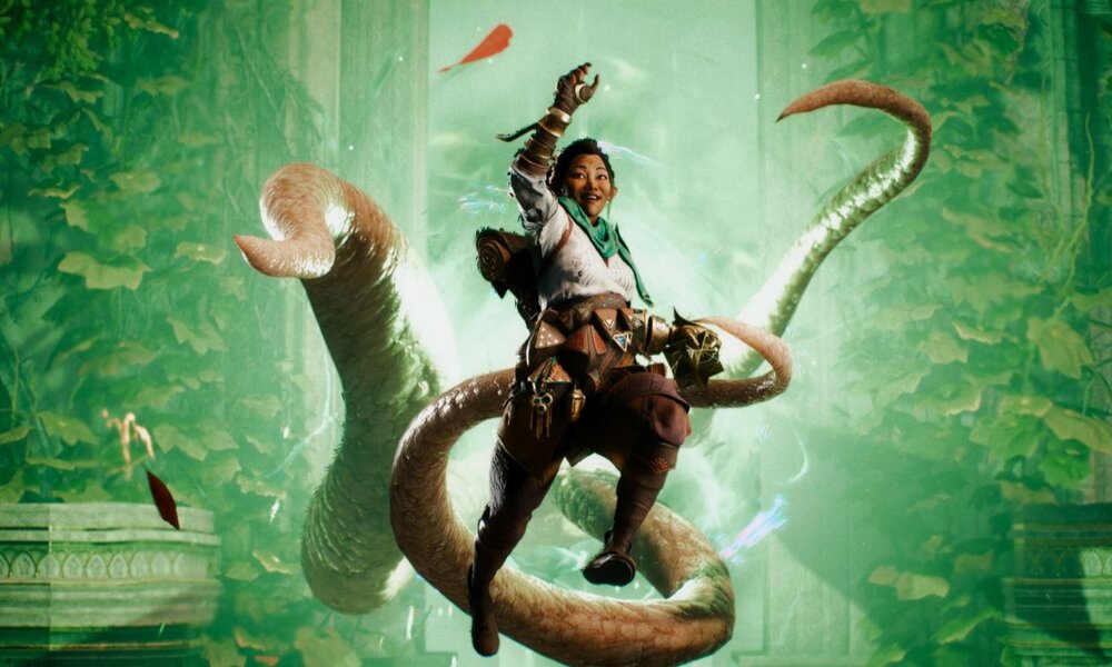 Eine junge Frau mit entschlossenem Gesichtsausdruck kämpft in einem dschungelartigen Tempel gegen gigantische Tentakeln. | © BioWare / Electronic Arts