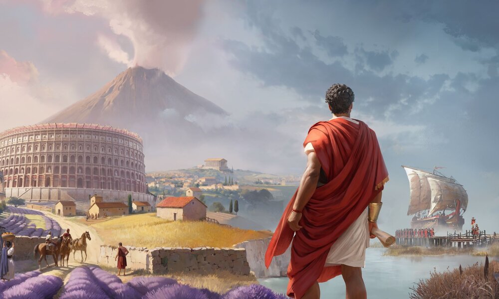 Antikes Szenario mit einem Mann in roter Toga, einem rauchenden Vulkan, einem großen Amphitheater und Lavendelfeldern im Vordergrund sowie Schiffen am Pier. | © Ubisoft