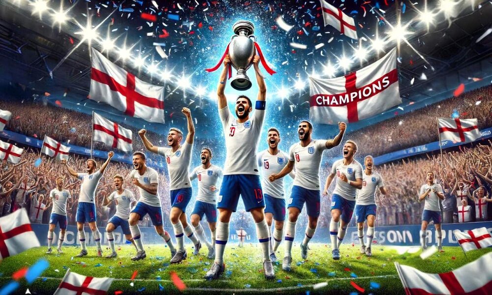 Die englische Fußballmannschaft jubelt im Stadion mit der Trophäe, umgeben von feiernden Fans und England-Flaggen. | © Sabrina Forst / KI generiert
