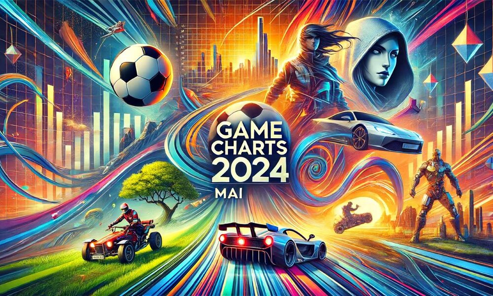 Plakat „Game Charts 2024“: Ein schwebender Fußball, eine mysteriöse Kapuzenfigur, ein Quadfahrer und futuristische Autos vor leuchtender Stadtlandschaft. | © Sabrina Forst / KI generiert