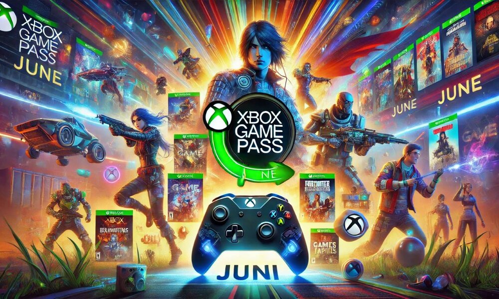 Actionreiches Xbox-Game-Pass-Poster mit Charakteren in Sci-Fi-Kleidung, Neonlichtern und einem leuchtenden Controller für Juni. | © Sabrina Forst / KI generiert