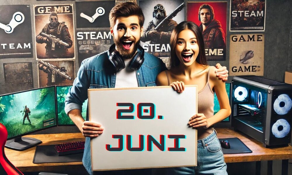 Ein junger Mann und eine junge Frau lächeln freudig und halten ein Schild mit der Aufschrift "20. Juni" in einem Gaming-Raum. | © Sabrina Forst / KI generiert