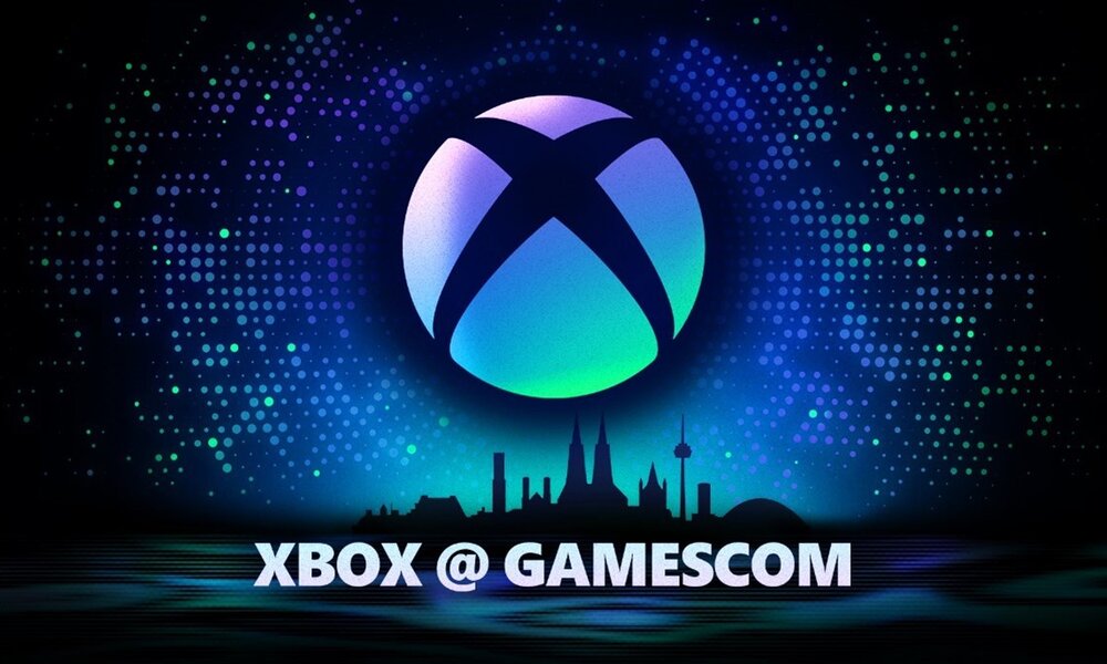 Farbige Lichtpunkte umgeben ein schillerndes Xbox-Logo, darunter die Stadtsilhouette und der Text "Xbox @ Gamescom" | © Xbox