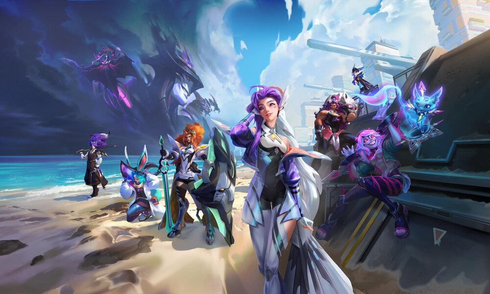 Gruppe von Kriegern mit leuchtenden Waffen und Rüstungen steht entspannt am Strand, während am Himmel bedrohliche Wolken aufziehen. | © Riot Games