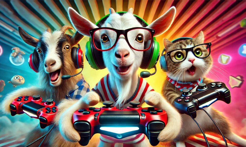Zwei Ziegen und eine Katze mit Headsets und Brillen spielen begeistert Videospiele mit roten Controllern vor buntem Hintergrund. | © Sabrina Forst / KI generiert