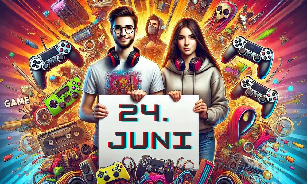 Zwei junge Gamer mit Headsets halten ein Schild mit „24. Juni“, umgeben von bunten Spiele-Controllern und Gaming-Elementen. | © Sabrina Forst / KI generiert