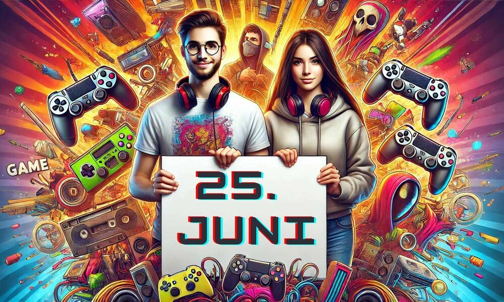 Ein junger Mann und eine junge Frau mit Kopfhörern halten ein Schild mit dem Datum 25. Juni vor buntem Gaming-Hintergrund. | © Sabrina Forst / KI generiert