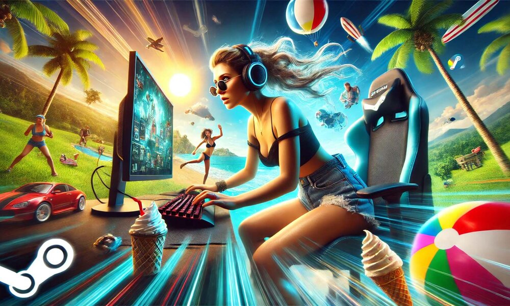 Junge Frau mit Sonnenbrille und Headset spielt konzentriert am Computer im Freien, umgeben von Eis, Palmen und spielenden Menschen. | © Sabrina Forst / KI generiert