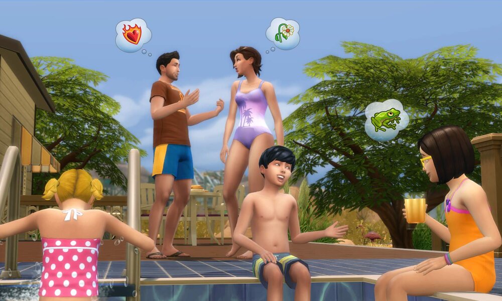 Ein Mann und eine Frau unterhalten sich lachend am Pool, während Kinder in Badekleidung am Rand spielen und trinken. | © Electronic Arts