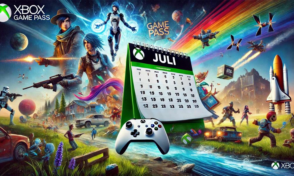 Buntes Xbox Game Pass-Werbeplakat mit Kalender für Juli und Gamecontroller, diverse Videospielcharaktere und Rakete im Hintergrund. | © Sabrina Forst / KI generiert