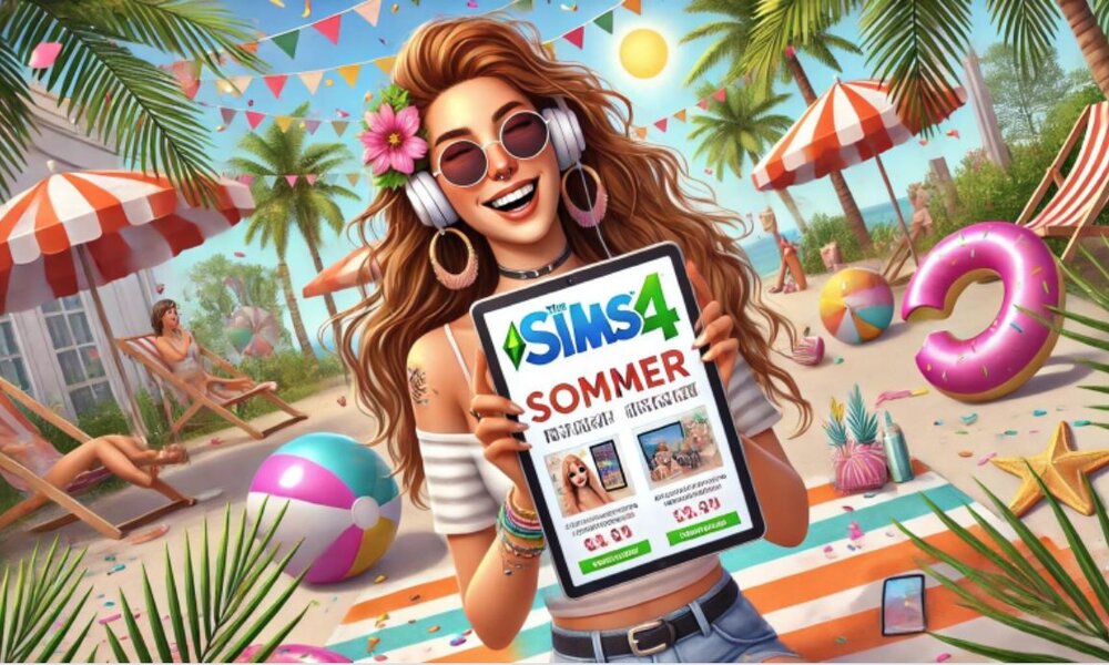Junge Frau mit Blumen im Haar und Kopfhörern hält lachend ein Sims-4-Sommerplakat am bunten Strand in die Kamera. | © Sabrina Forst / Ki generiert