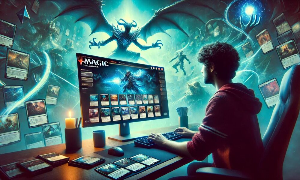 Ein junger Mann sitzt an einem Schreibtisch und spielt ein Fantasy-Kartenspiel am Computer, umgeben von schwebenden Karten und magischen Kreaturen. | © Sabrina Forst / KI generiert