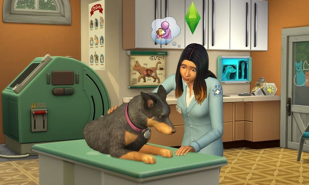 In einer Tierklinik untersucht eine junge Tierärztin in hellblauer Kleidung einen schwarz-braunen Hund auf dem Untersuchungstisch. | © Electronic Arts