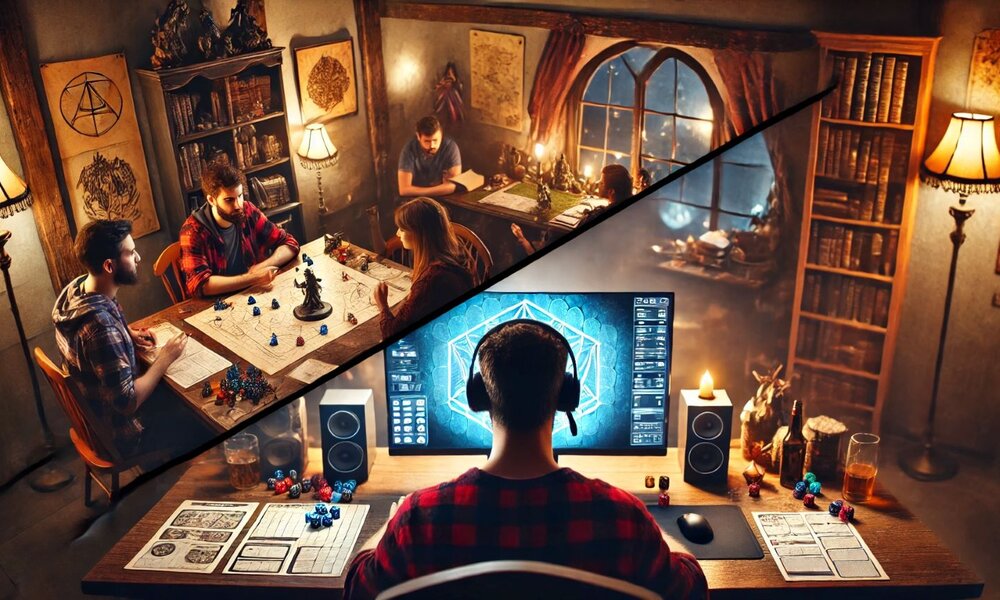 Zwei junge Männer in karierten Hemden spielen bei gedämpftem Licht ein Fantasy-Brettspiel, während ein weiterer Spieler im Hintergrund zu sehen ist. | © Sabrina Forst / KI generiert