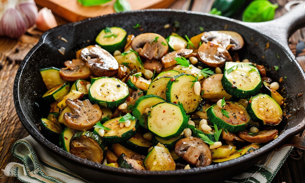 Pfannengericht aus Zucchini, Pilzen und Pinienkerne in einer gusseisernen Pfanne angerichtet. | © Adobe Stock /  lermont51