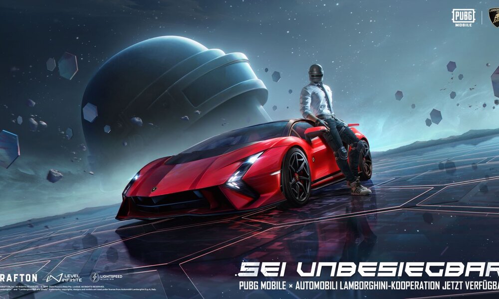 Ein Mann mit Helm sitzt auf einem roten Lamborghini vor einem futuristischen Hintergrund mit schwebenden Polygonen und einem riesigen Helm. | © Krafton / Proxima Beta Pte / Automobili Lamborghini