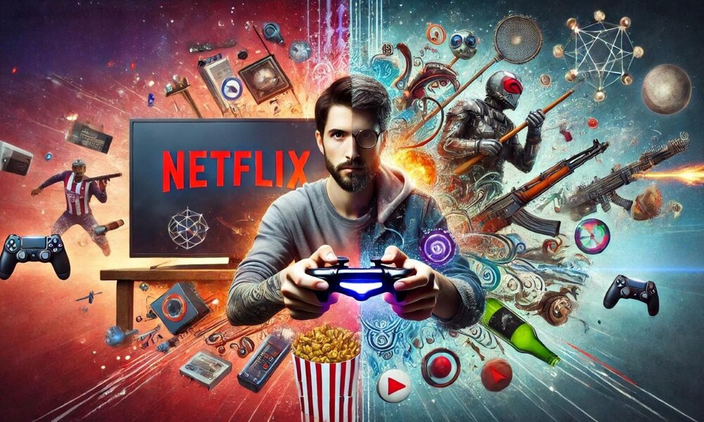 Ein junger Mann mit braunen Haaren spielt konzentriert Videospiele mit einem Controller, während um ihn herum Gaming- und Netflix-Elemente schweben. | © Sabrina Forst / KI generiert