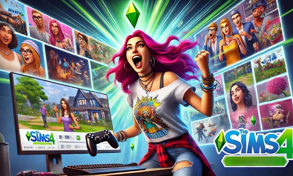 Eine junge Frau mit pinken Haaren jubelt begeistert vor einem Monitor mit dem Spiel "The Sims 4" und Bildern im Hintergrund. | © Sabrina Forst / KI-generiert